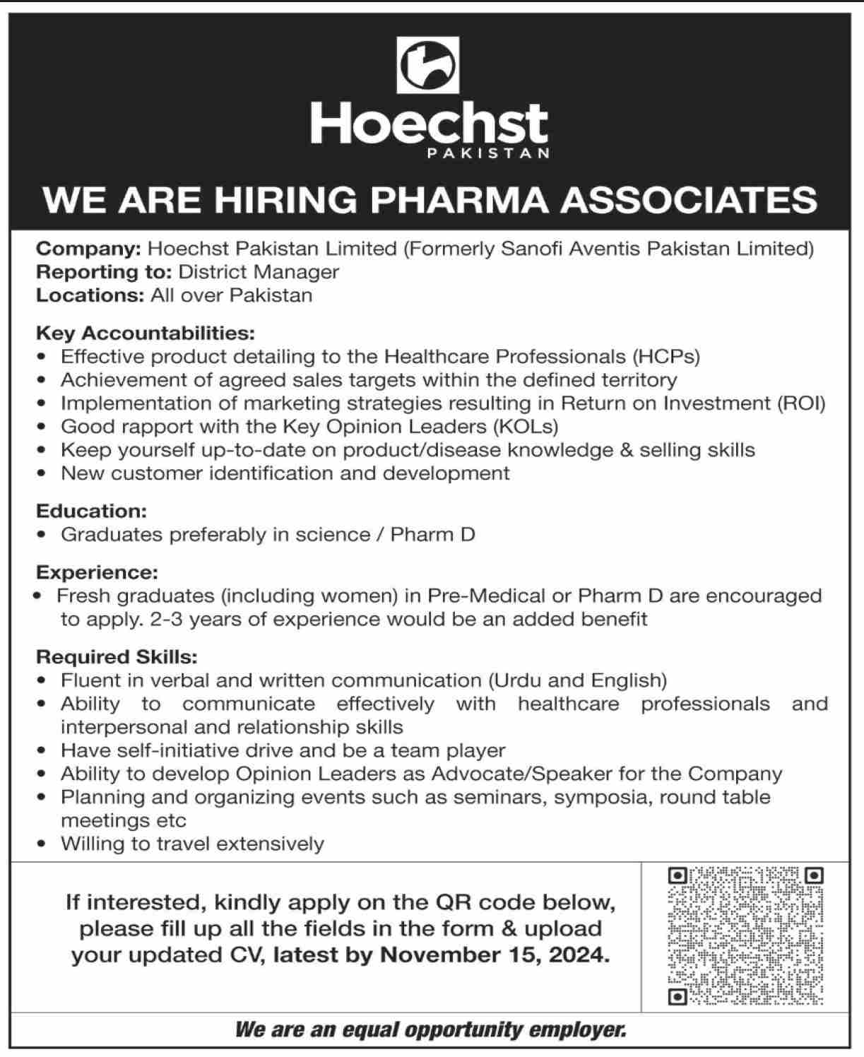 Hoechst Pakistan Looking for Pharma Associates in All Over the Pakistan