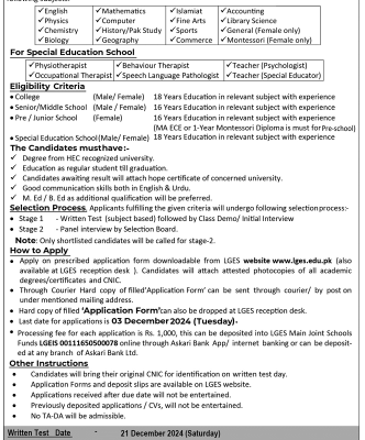 Lahore Garrison Education System is Hiring Teachers for the Multiple Faculties