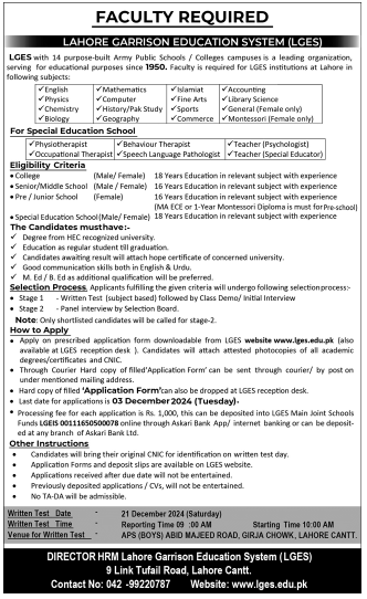 Lahore Garrison Education System is Hiring Teachers for the Multiple Faculties