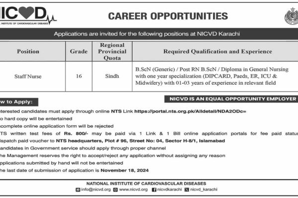 NICVD is Hiring For Staff Nurse Latest Jobs