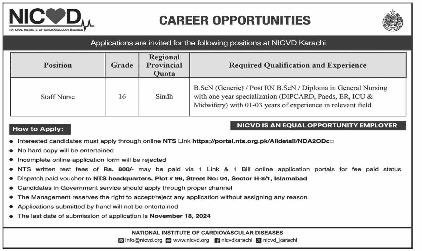 NICVD is Hiring For Staff Nurse Latest Jobs