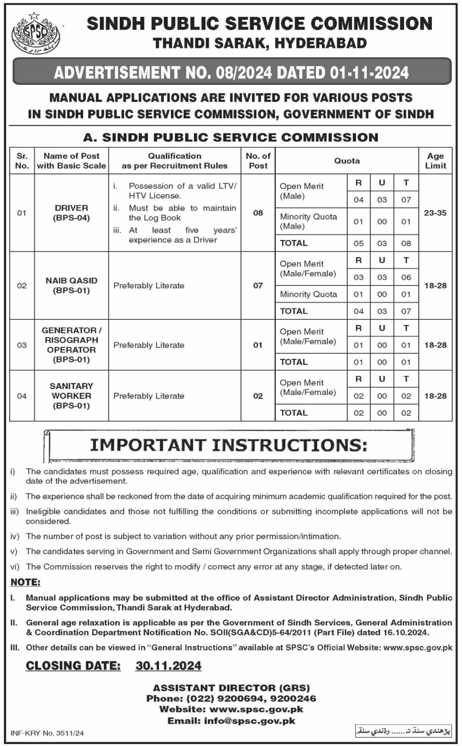 Driver, Naib Qasid and Other jobs at SPSC