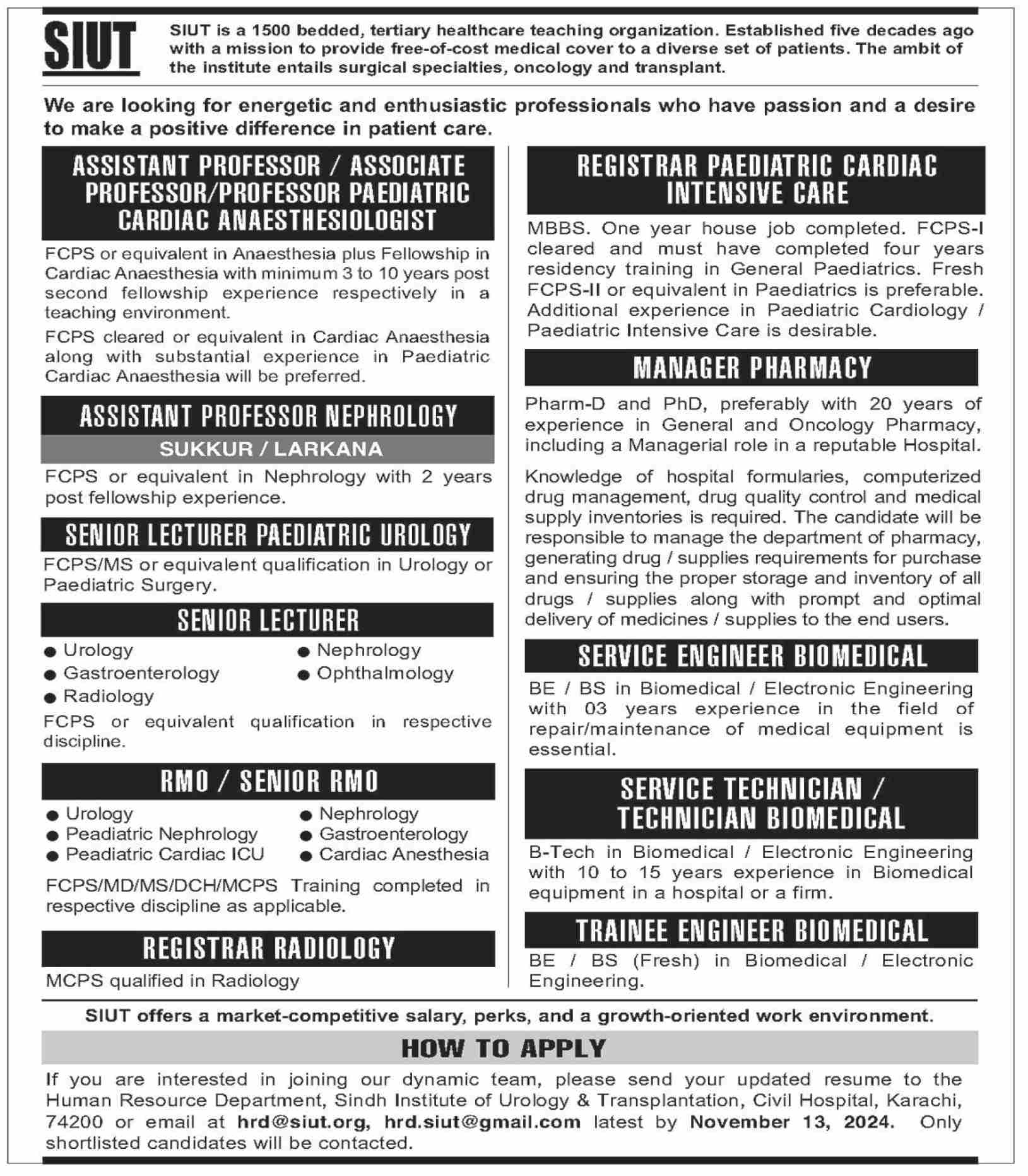 SIUT is hiring for Lecturer, Manager and Many others Latest Jobs